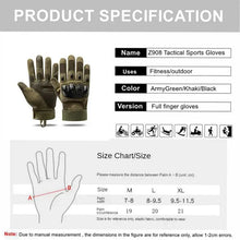 Load image into Gallery viewer, Product specification for Z908 Tactical Sports Gloves, includes size chart and features for fitness and outdoor use.