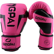 Load image into Gallery viewer, Pink boxing gloves with black accents featuring 'Gingpai' branding, designed for durability and performance in training.