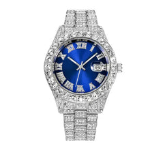 Cargar imagen en el visor de la galería, Luxurious Diamond Roman wrist watch with a blue dial, encrusted bezel, and gold stainless steel strap.