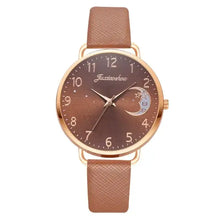 Cargar imagen en el visor de la galería, Moon Bracelet Watch with brown leather strap and celestial moon dial for elegant women's fashion.