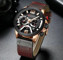 Load image into Gallery viewer, Luxury leather watch Curren Chono Edition 2022 with gold accents, military-inspired design, showcasing vibrant colors and durability.