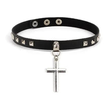 Load image into Gallery viewer, Alt Tag: Harajuku oversized choker with silver cross pendant, punk-inspired unisex PU leather design for bold fashion statement.
