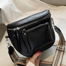 Load image into Gallery viewer, Vintage vegan leather crossbody shoulder bag with modern design, black with zippers and adjustable strap for stylish outings.