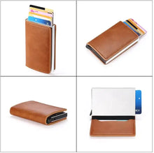 Load image into Gallery viewer, Hold anti-theft vegan leather wallet with RFID/NFC protection, showcasing card slots and sleek design in brown.