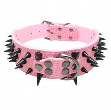 Load image into Gallery viewer, Pink spiked studded leather collar with black spikes and studs for pets.