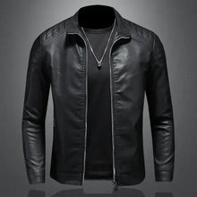 Load image into Gallery viewer, Men's vegan leather motorcycle jacket with stylish design and premium protection, perfect for all-weather riding.