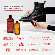 Cargar imagen en el visor de la galería, Leather Conditioner bottle with black boot and cloth, endorsed by top publications like Popular Mechanics and Business Insider.