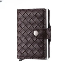 Load image into Gallery viewer, Elegant leather RFID cardholder with woven design, providing stylish protection against electronic theft. Compact, brown wallet.