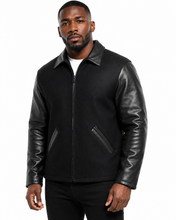 Cargar imagen en el visor de la galería, Leather sleeves and wool body zipped up jacket made in usa