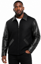Cargar imagen en el visor de la galería, Leather sleeves and wool body zipped up jacket made in usa