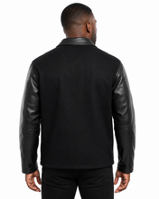 Cargar imagen en el visor de la galería, Leather sleeves and wool body zipped up jacket made in usa