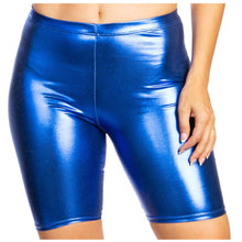 Charger l'image dans la galerie, Shiny metallic blue bike shorts, stretchy and unisex, made in USA, showcased on a model.