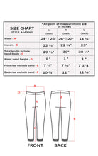 Load image into Gallery viewer, Size chart for cotton blend lace trim stretch Capri leggings with front and back measurements in inches for S, M, L sizes.
