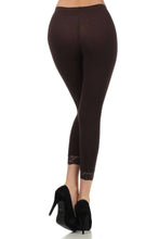 Load image into Gallery viewer, Back view of cotton blend lace trim stretch capri leggings, chocolate brown, featuring feminine lace detail, perfect for casual or exercise wear.
