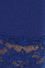Load image into Gallery viewer, Close-up of blue cotton blend leggings with lace trim detail, highlighting feminine embroidery and craftsmanship.