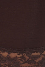 Charger l'image dans la galerie, Close-up of brown cotton blend bike shorts with lace trim, showing delicate lace detail in stretch fabric. Made in USA.