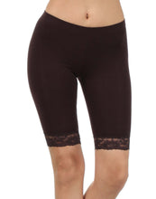 Charger l'image dans la galerie, Cotton blend lace trim bike shorts made in USA, showcasing stretch fit and comfortable style for active wear.