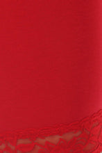 Charger l'image dans la galerie, Close-up of red cotton blend lace trim on bike shorts showing detail of stretchy fabric.