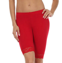 Charger l'image dans la galerie, Red cotton blend lace trim stretch bike shorts, women's fashion, made in USA, featuring knee-length design and comfortable waistband.