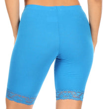 Charger l'image dans la galerie, Back view of blue cotton blend lace trim stretch bike shorts for women - made in USA