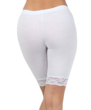 Charger l'image dans la galerie, Back view of white cotton blend lace trim stretch bike shorts, showcasing lace detail and comfortable fit. Made in USA.