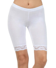 Charger l'image dans la galerie, White cotton blend lace trim stretch bike shorts for women, mid-thigh length, made in USA, shown from the front.