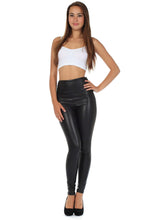 Load image into Gallery viewer, Woman wearing matte liquid high waist stretch leggings, black, USA-made, paired with a white crop top, displaying full-length fit.