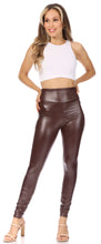 Load image into Gallery viewer, Woman wearing matte liquid high waist stretch leggings in brown, paired with a white crop top and heels. Made in USA fashion.