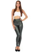 Load image into Gallery viewer, Woman wearing high waist matte liquid stretch leggings made in USA, paired with a white crop top and heels.