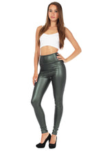Load image into Gallery viewer, Model wearing matte liquid high waist stretch leggings, highlighting shiny fabric and contour fit, paired with a white crop top.