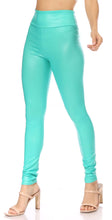 Load image into Gallery viewer, Model wearing teal matte liquid high-waist stretch leggings, showcasing the fit and design. Made in USA.