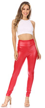 Load image into Gallery viewer, Model wearing matte liquid high waist red leggings with white crop top, showcasing flexibility and sleek design.