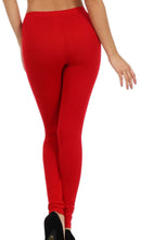 Charger l'image dans la galerie, Woman wearing red cotton blend footless stretch leggings, rear view, perfect for yoga or casual wear.