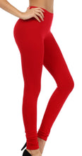 Charger l'image dans la galerie, Red footless stretch leggings made in USA, perfect for yoga and casual wear, showcasing lightweight cotton blend fabric for comfort.