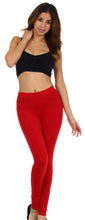 Charger l'image dans la galerie, Woman wearing red footless stretch leggings with black top, cotton blend, perfect for yoga and casual wear, made in USA