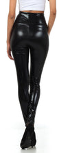 Charger l'image dans la galerie, Shiny black liquid metallic high-waist leggings, rear view, woman wearing heels, highlighting stretch fit, made in USA.