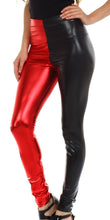 Charger l'image dans la galerie, Model wearing shiny liquid metallic high waist red and black stretch leggings, made in USA, showcasing bold color design.