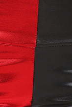 Charger l'image dans la galerie, Close-up of shiny liquid metallic high waist stretch leggings in red and black, made in USA. High rise bold color design.