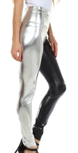 Charger l'image dans la galerie, High-waist shiny liquid metallic stretch leggings in silver and black, modeled, made in USA, available in sizes S-XL.
