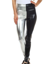 Charger l'image dans la galerie, Shiny liquid metallic high waist stretch leggings in silver and black, made in USA, worn by model, highlighting sleek fit and style.