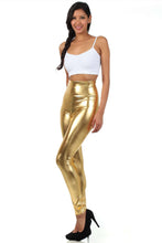 Charger l'image dans la galerie, Shiny liquid metallic gold high waist stretch leggings worn by a model, made in USA.
