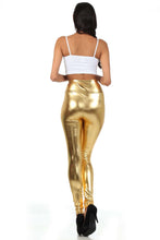 Charger l'image dans la galerie, Back view of shiny liquid metallic high waist leggings in gold, paired with a white crop top. Made in USA, bold and stylish.
