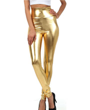 Charger l'image dans la galerie, Gold shiny liquid metallic high waist stretch leggings, high rise fit, women's fashion, made in USA, full length, modeled with heels.