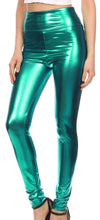 Charger l'image dans la galerie, Shiny Liquid Metallic High Waist Stretch Leggings in teal, made in USA, featuring bold color and high-rise fit.