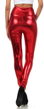 Charger l'image dans la galerie, Shiny red liquid metallic high waist leggings, stretch fit, women's fashion, USA-made.