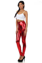 Charger l'image dans la galerie, Red shiny liquid metallic high waist stretch leggings, worn by model, made in USA, high rise bold color design, available in S to XL.