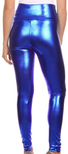Charger l'image dans la galerie, Shiny liquid metallic high waist stretch leggings in blue, made in USA, shown from the back, available in S, M, L, XL sizes.