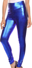Charger l'image dans la galerie, Woman wearing shiny liquid metallic high waist leggings in bold blue color, made in USA, size small. Sakkas fashion.