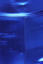 Charger l'image dans la galerie, Close-up of shiny metallic high waist stretch leggings in vibrant blue color, showcasing stitching and texture. Made in USA.