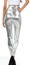 Charger l'image dans la galerie, Shiny liquid metallic high waist stretch leggings displayed on a model, showcasing back detail, made in USA, available in S-XL sizes.